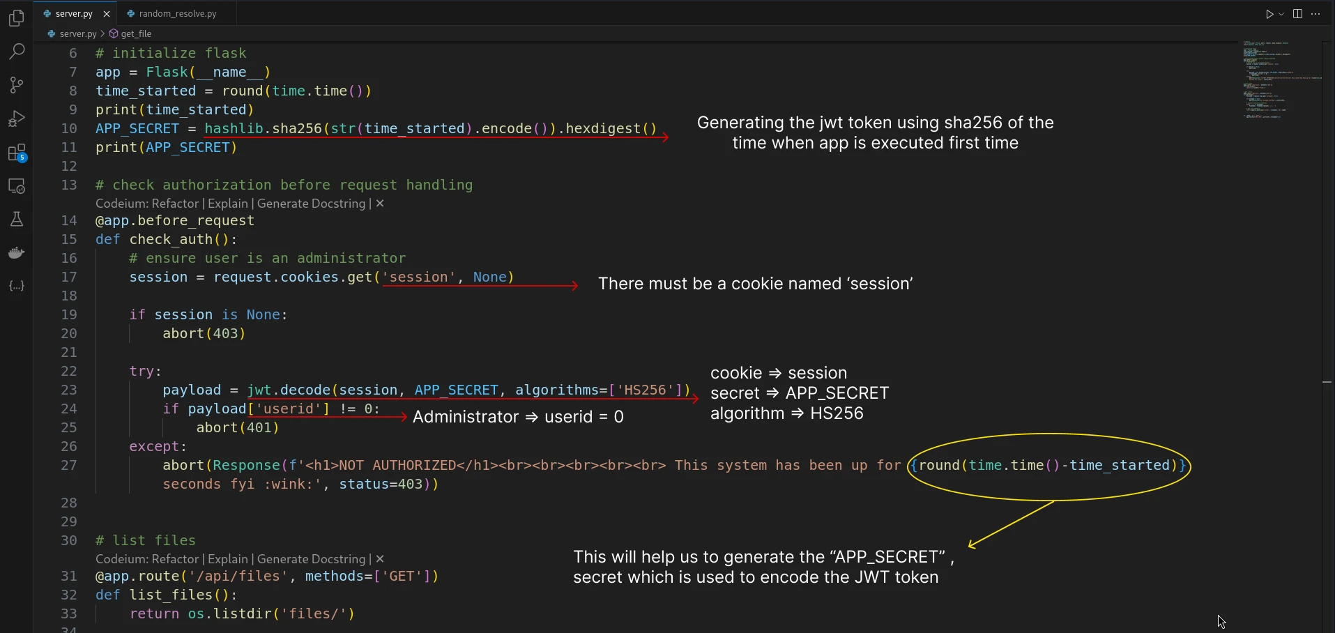 BYUCTF2024 - Random challenge source code. From here we understand the JWT payload creation to be able to use it as cookie session and get files from system.