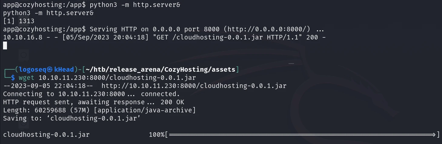 set up a python3 http server on the machine and got the source code of /app/cloudhosting-0.0.1.jar