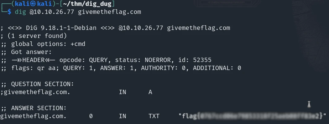 Result from querying the DNS server using this command: dig @10.10.26.77 givemetheflag.com