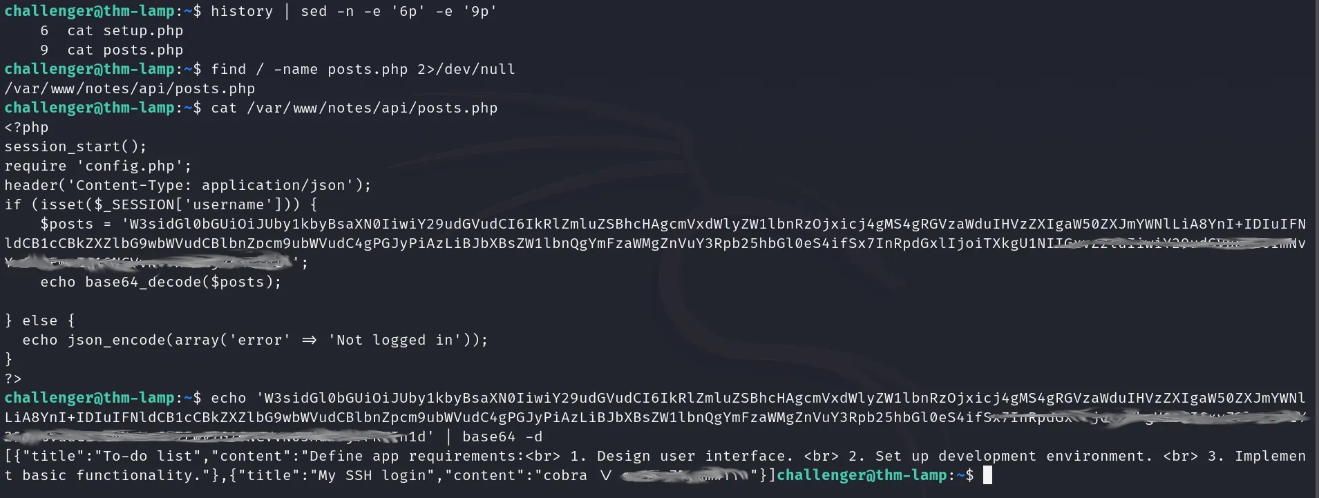 A screenshot where we can see that history command revealed a file named posts.php and command find showed us where that file is. Also inside that file there is a string base64 encoded and decoding it we found a user cobra and his password.