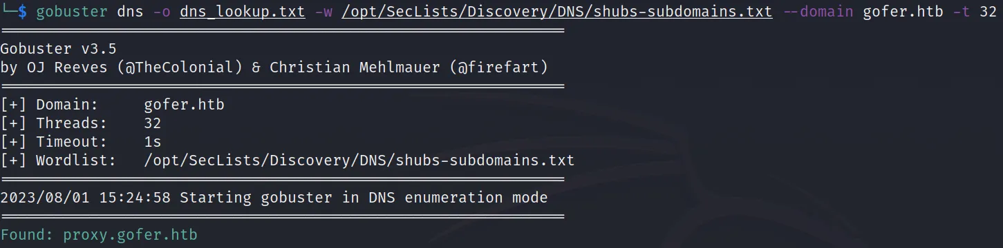gobuster dns result against gofer.htb, found proxy.gofer.htb as subdomain
