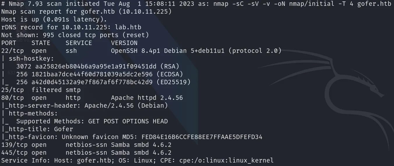 nmap scan against gofer.htb, found ports 22, 25, 80, 139, 445 open.