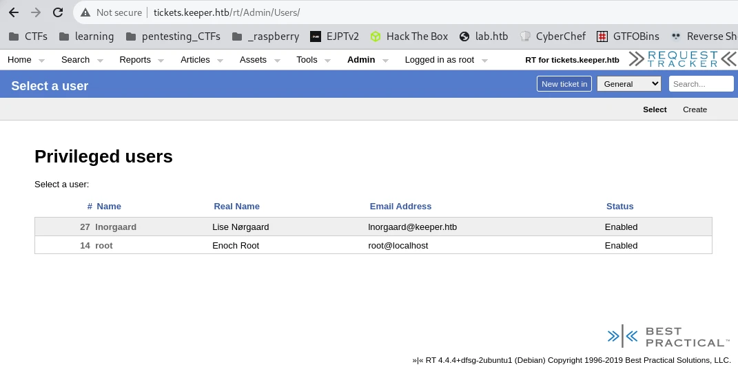 image of request tracker webpage where we can see that we logged in as root and that there are two users present