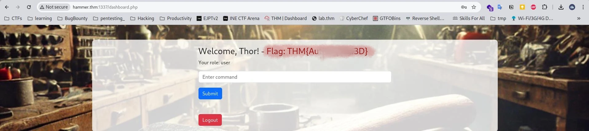 A web page dashboard with the thm first flag and an input that could be used to run OS commands on the server.