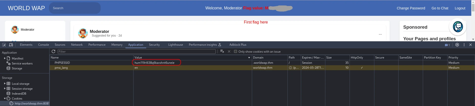 moderator's login.worldwap.thm/profile.php page, there is the first flag 
